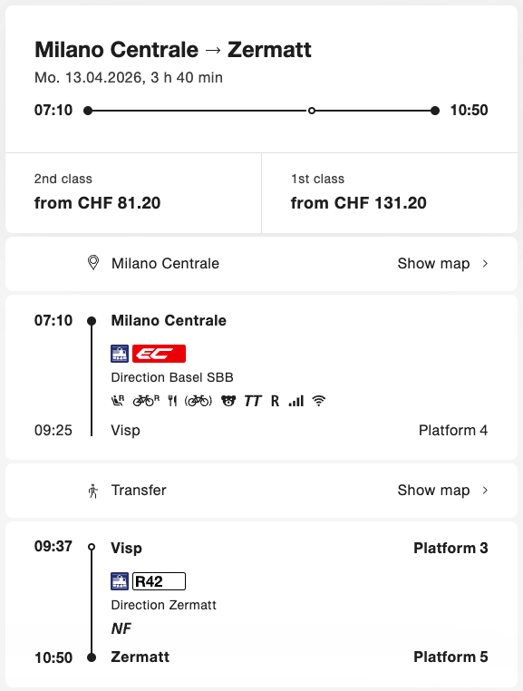 米蘭到策馬特轉車時間